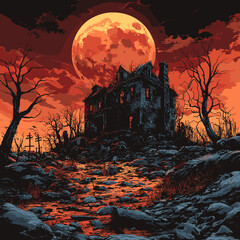 Old haunted house with ominous glowing moon in deserted landscape