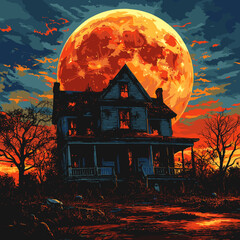 Spooky mansion with large moon in fiery red sky for Halloween theme