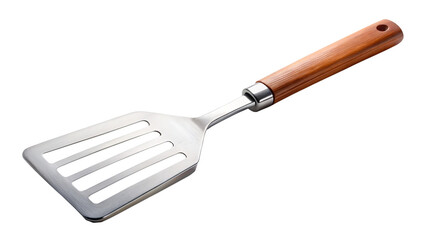 stainless steel spatula with wooden handle, perfect for flipping and serving food. Its sleek design and sturdy construction make it essential kitchen tool for any cooking enthusiast
