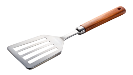 stainless steel spatula with wooden handle, perfect for flipping and serving food. Its sleek design and sturdy construction make it essential kitchen tool for any cooking enthusiast