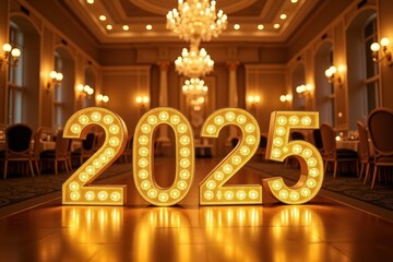 Golden illuminated numbers 2025 on the floor in a luxurious banquet hall with chandeliers and elegant decor during a festive evening
