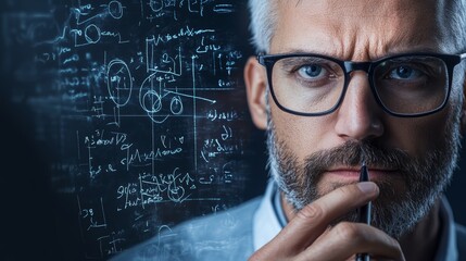 Pensive man analyzing complex equations on a chalkboard, symbolizing innovation, science, and problem-solving.