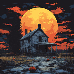 Abandoned house with pumpkins and full moon in creepy Halloween scene