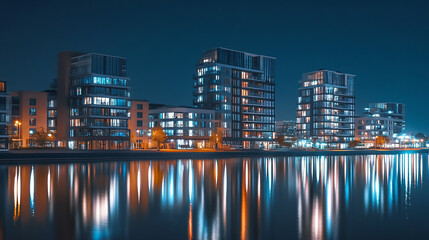 Obraz premium London buildings next to river in the evening. with overcast clouds and light on in the buildings