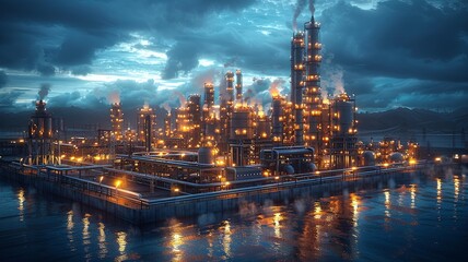 Fototapeta premium Industrial Complex at Dusk with Reflections in Water