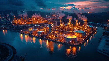 Fototapeta premium Industrial Complex at Dusk with Illuminated Facilities