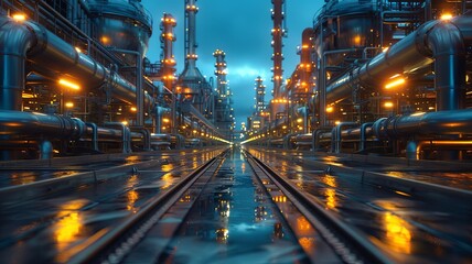 Industrial Night Scene with Pipes and Reflections