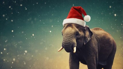 An elephant adorned with a Santa hat stands playfully in a snowy landscape, embodying a festive winter spirit.
