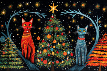 Colorful folk art painting of cats with decorated Christmas tree and stars in the night sky, AI Generation