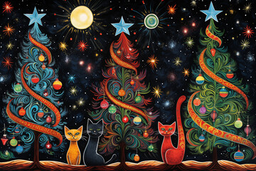 Colorful folk art painting of cats with decorated Christmas tree and stars in the night sky, AI Generation