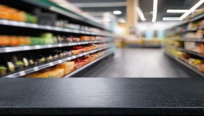 Tabletop in a supermarket. Black countertop against the backdrop of a grocery store. Empty concrete platform for product presentation. shopping in supermarket. shopping cart in supermarket