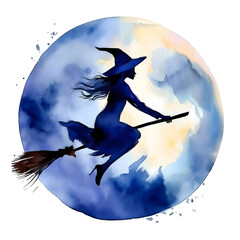 Fototapeta premium Halloween-themed watercolor clipart hand drawing ideas, Flying Witch Silhouetted against a full moon