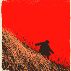 Silhouette of a lone figure walking up a hill with a bright red sky in the background