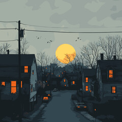 Quiet suburban street at night with a large full moon and glowing house windows