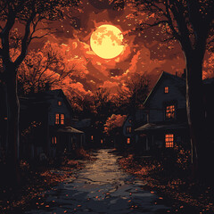 Dark suburban neighborhood with orange glowing windows and full moon in an autumn night sky