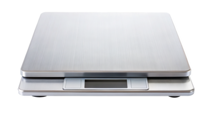 Digital scale on clean white background, showcasing sleek stainless steel design. Ideal for precise measurements in kitchens or laboratories