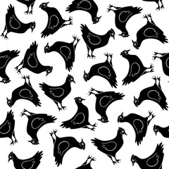 This unique pattern showcases lively black chickens in various poses on a stark white backdrop, creating a dynamic effect
