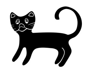 A charming black cat silhouette stands with a playful expression, showcasing its lively nature with an elegantly curved tail