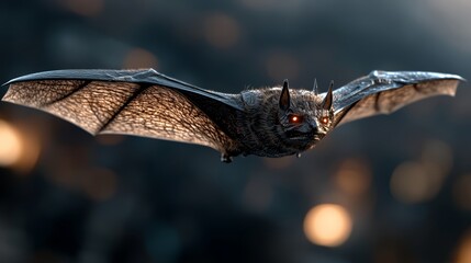 Obraz premium A detailed image of a majestic bat flying with its wings spread wide against a soft, blurred background of twilight hues.