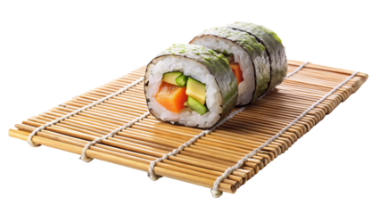 Fresh sushi rolls on bamboo mat, showcasing vibrant colors and textures. combination of vegetables and rice creates delightful culinary experience
