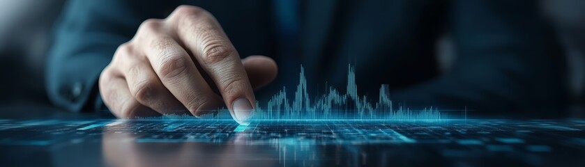 A close-up of a hand interacting with a digital interface, showcasing data visualization and technology integration in a modern workspace.