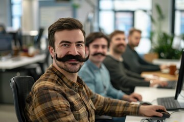 Professional Office Scene with Team Members Sporting Movember Mustaches, Ideal for Modern Workspaces