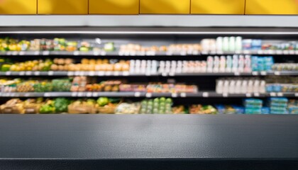 Tabletop in a supermarket. Black countertop against the backdrop of a grocery store. Empty concrete platform for product presentation. shopping in supermarket. shopping cart in supermarket