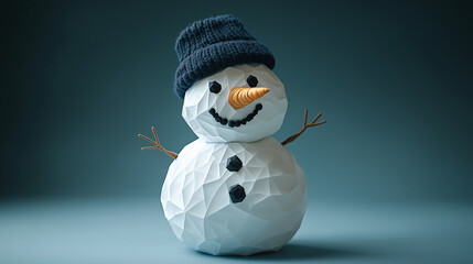 Obraz premium This charming snowman features a geometric design with a knitted hat, a carrot nose, and friendly facial features, perfect for celebrating winter joy and creativity.
