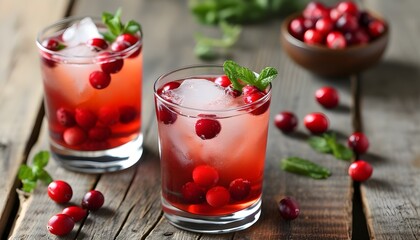 Refreshing cranberry cocktail served in elegant glasses, chilled with ice cubes and adorned with fresh cranberries, set against a rustic wooden backdrop