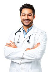 Fototapeta premium Portrait of happy smiling young male doctor, isolated over white background.