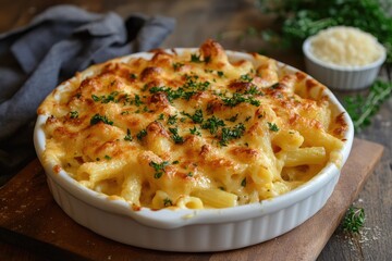 A close-up shot of a creamy, cheesy pasta dish. This image is perfect for showcasing the deliciousness of a comforting home-cooked meal.