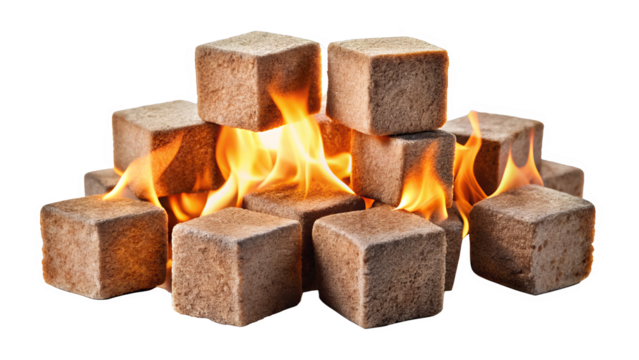 Fire starter cubes for BBQ are stacked and ignited, showcasing their effectiveness in creating warm, inviting flame. Perfect for outdoor cooking and gatherings