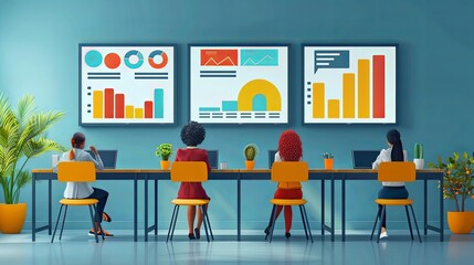 Business team collaboration meeting with infographic data presentation on projector screen dashboard, flat vector concept illustration of teamwork, training and analysis of company performance metrics