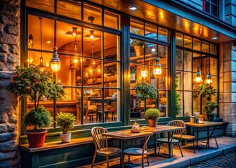 Fototapeta premium Cozy Coffee Shop Window with Warm Lighting and Inviting Atmosphere Perfect for Relaxing Moments