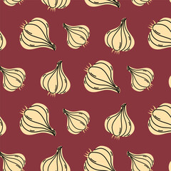 A colorful pattern featuring hand-drawn garlic bulbs on a rich red background