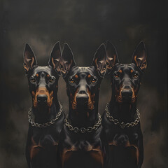 Three dogs are standing in a row, with their heads turned to the right