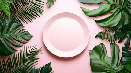 Fototapeta premium A minimalist round plate surrounded by vibrant tropical leaves on a pink background for a stunning restaurant presentation