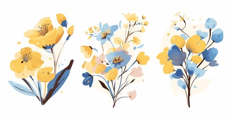 Three frame art of  yellow and blue flower icons, simple shapes, on a white background