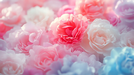 Fototapeta premium Delicate Peach Roses in Soft Focus with Gentle Light and Pastel Background