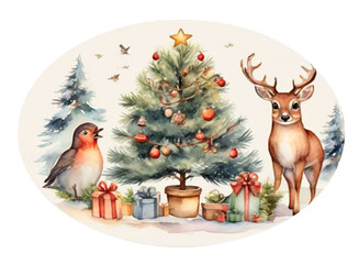 Vintage watercolor style oval winter holiday sticker, idyllic outdoor scene of cute animals and Christmas tree
