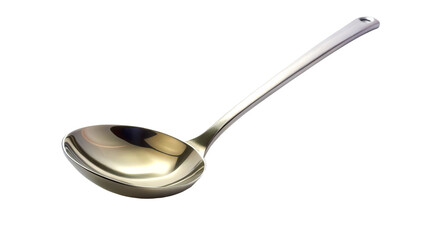 shiny soup ladle rests elegantly on clean white background, showcasing its smooth, reflective surface and sleek design. Perfect for serving delicious soups and stews