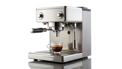 sleek espresso machine on clean white background, showcasing its modern design and functionality. Perfect for coffee enthusiasts who appreciate quality brewing