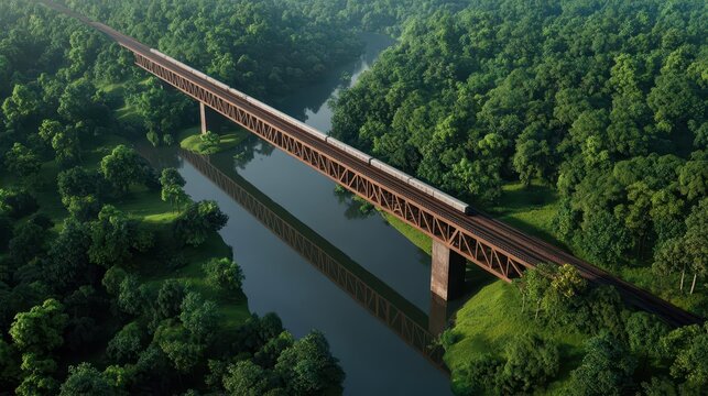 Modular sections of a modern bridge made from eco-friendly composites being installed by autonomous cranes, surrounded by a green landscape, Sustainability, 3D Render