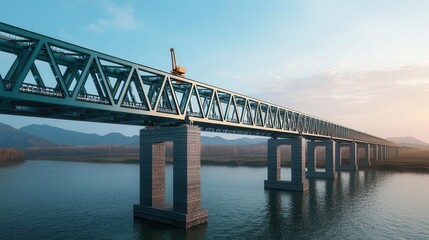 Fototapeta premium Steel and concrete bridge under construction, robotic arms lifting modular sections into place over a wide river, Modern, 3D Render
