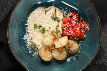 Gourmet Grilled Scallops with Roasted Red Peppers and Creamy Sauce – Elegant Plating in Vibrant Colors