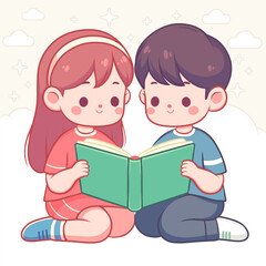 Girl And Boy Reading A Book Flat Design