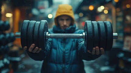Shopper Holding Gym Equipment in Store: Perfect Image for Health and Fitness Promotions