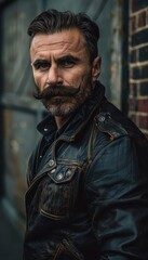 Vintage Style Portrait of a Man with Dramatic Waxed Mustache in Urban Industrial Setting