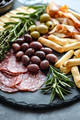 Delicious Italian Antipasto Platter with Salami, Olives, Breadsticks, and Herbs.