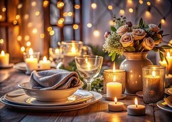 Cozy Romantic Dinner Setting with Soft Lighting, Elegant Tableware, and Charming Decorative Elements